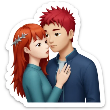 Asian Spiky short red hair  guy kissing redhead white girl with bangs long hair  sticker