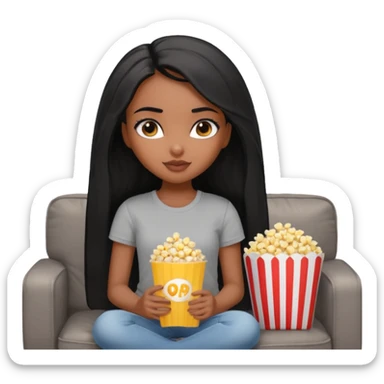 a pretty bratz dusky girl with long straight hair on a couch with popcorn nd wearing a grey tshirt sticker