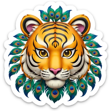 Create an animation emoji of the Ponorogo Reyog from East Java, namely the tiger mask with the peacock dance, which is a typical Ponorogo dance. Above and behind the tiger's head is a peacock's head spreading its tail.  sticker