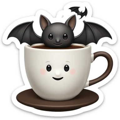 a steaming coffeecup with a bat sitting on it sticker