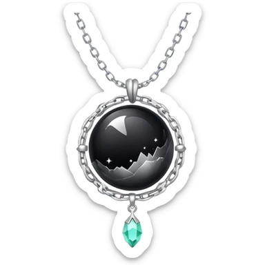 ethereal onyx stone radiating silver energy, cosmic dust around it, delicate floating chain sticker