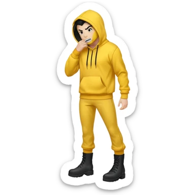 Invincible from the show invincible but whering a yellow hoodie and the mouth covered whering black pants and black boots sticker