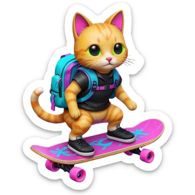 A neon-lit cyberpunk adorable cat riding a floating black and neon glowing skateboard, wearing a bold bright neon backpack through a rain-cinematic lighting, 8K sticker