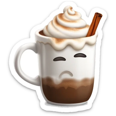 “A white mug of hot chocolate with whipped cream, a cinnamon stick, and steam rising.” sticker