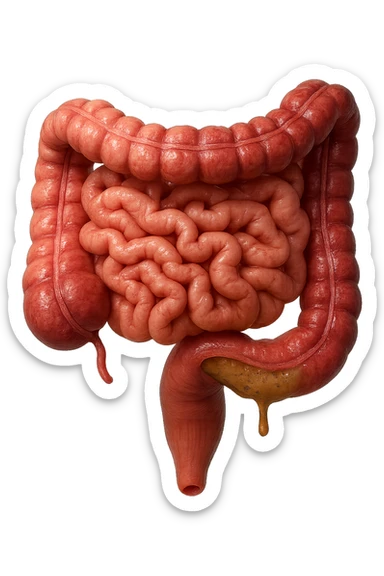 intestino anatomico umano affetto da gastroenterite, diarrea liquida nel colon ben visibile, iperrealistico 4k sticker