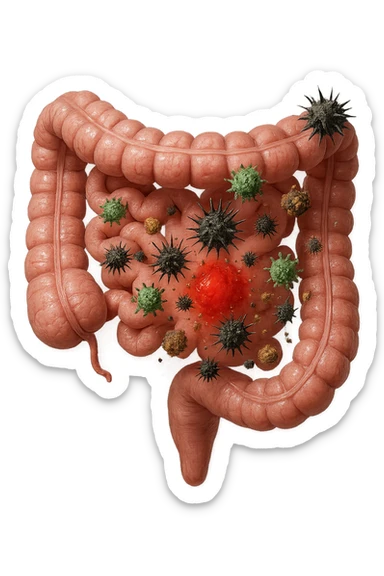 intestino anatomico realistico con red spot di infiammazione CON VARIE PARTICELLE TOSSICHE CHE CERCANO DI ATTACCARLO, IPERREALISTICO 4K sticker