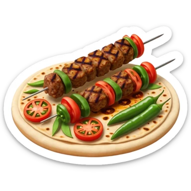 Adana kebab object icon, spicy grilled minced meat skewer, served on flatbread, grilled tomatoes and green peppers on the side, smoky char marks, juicy texture, 3D cartoon, mobile game icon style, centered, clean background, no text, no watermark
 sticker