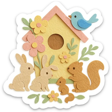 birdhouse with flowers and forest creatures including bunnies, birds, and squirrels, soft pastel colors, transparent background sticker