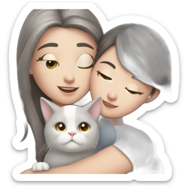 Grey white cat cuddles brunette girl sticker