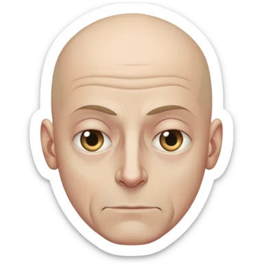 Steven Miller, bald, very grim expression, very narrow face, pronounced sagging eyelids lower on outer sides, bottom lip sticking out sticker