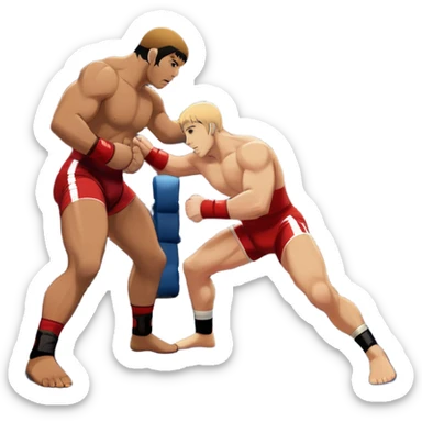 An icon depicting two wrestlers in a grappling stance on the mat, engaged in a fierce combat. One fighter attempts a takedown, while the other resists. The background shows a wrestling arena with bright lights and spectators around the edge of the ring. Transparent background  sticker