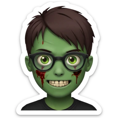 Zombie emo boy, green skin and brown hair and eyes, black glasses and a scary smile with a cut on the side, scars and blood under eyes sticker