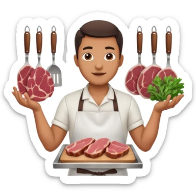 Una carnicería chapala con carnes y un señor promocionando sticker