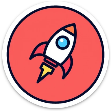 red circular button with rocket ship logo sticker
