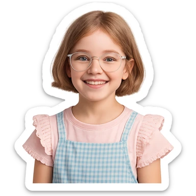 10 year old girl with clear glasses and short light brown hair, cute core style, smiling sticker