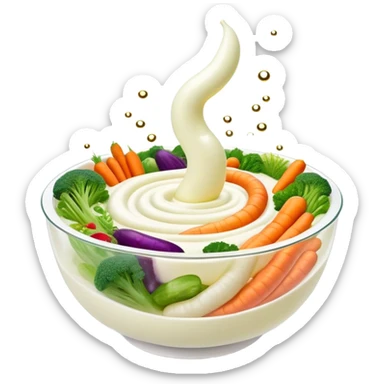 Bowl of glowing white yogurt and colorful fermented vegetables floating around a luminous spiral intestine. Golden bubbles and green particles flow from the intestine, representing beneficial bacteria creating harmony and strengthening immune defenses. sticker