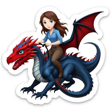 Me, a white female with long brown hair, and blue eyes, wearing black and red, and riding a very black wyvern dragon with hints of red, to your work sticker