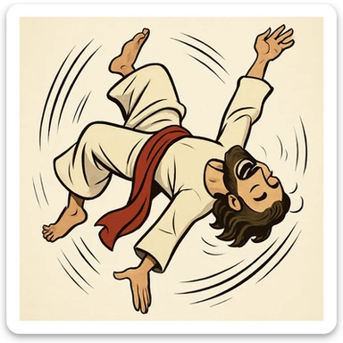 Stylized Jesus flipping backwards, motion lines, smiling, plain background sticker