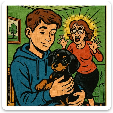 A modern day teenager with brown hair wearing a blue hoodie with a black and tan puppy dachshund in a green living room with a crazy mum with brown hair wearing big glasses in the background sticker