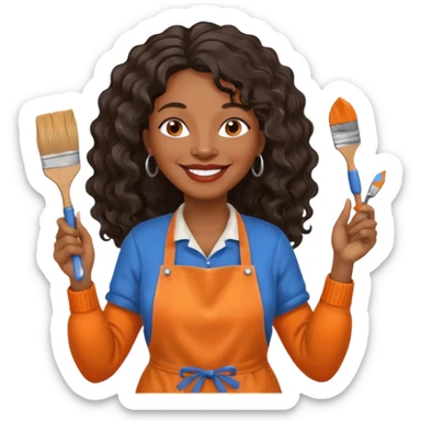 FEMME FRISÉ 60 ANS CHEVEUX NOIR FRISÉ ONDULÉ TRÈS  LONG , SOURIANTE AVEC CHANDAIL ORANGE ,   YEUX BLEU ET UN PINCEAU À LA MAIN LA MAIN AVEC 5 DOIGT SEULEMENT ET TABLIER sticker