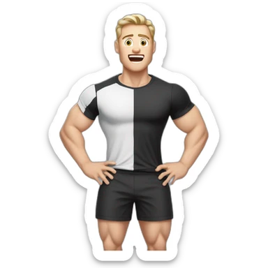 amazed Open with surprise mouth Pale skinned Fit Man With the biceps and dark brown hair in black shirt, gray sports shorts and white Sneakers sticker