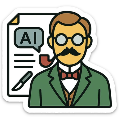 minimalistic icon of a refined scholarly professor with glasses, pipe, elegant suit, exuding intellectual authority and respect, atop a sleek document background with subtle AI messaging interface cues, scalpel motif subtly integrated, vintage European university color palette, evokes technical precision and scholarly elegance sticker