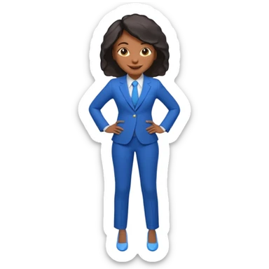 black woman in a blue smart suit and shoes, smiling, hands on hips, emoji style sticker