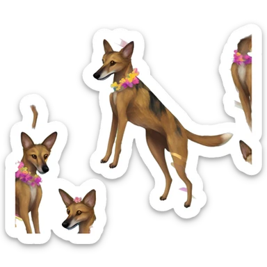  brindle brown black maroon striped lurcher Alsatian fox running blue eyes and iridescent holographic oilslick harness wearing paper iridescent tropical flower crown yellow caution tape sticker