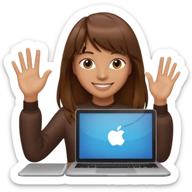 a designer with tan skin long brown hair bangs waving with computer sticker