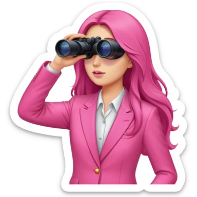 woman with long hair in an intensive color pink suit looking through binoculars sticker