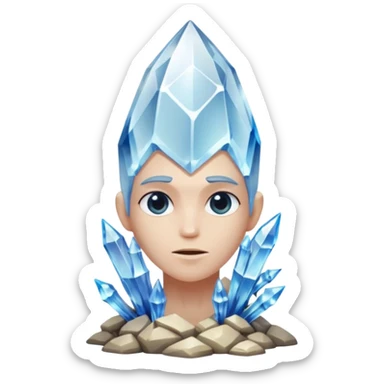 A single crystal rock character inspired by a clear quartz cluster, amorph base with many tall transparent crystal spikes growing upward all around it with a face sticker