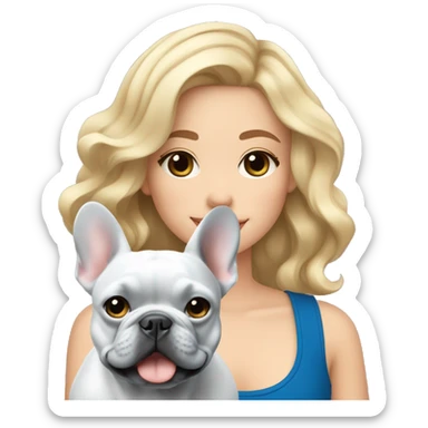 Blonde girl with wavy hair and a blue French bulldog sticker