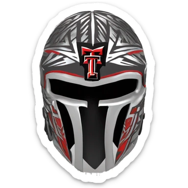 Texas-tech-red-raiders tribal artwork covered  T logos in gunmetal on battle helmet  huge punk Mohawk viking multi  color Logo T in hint of shiny silver 3d sticker