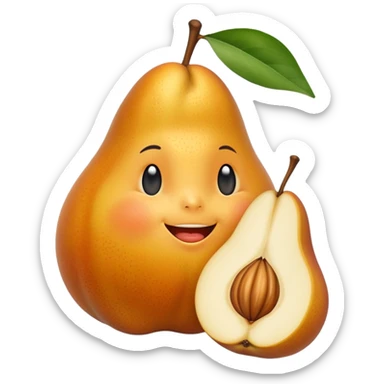 small golden-orange fruit with smooth slightly matte skin, rounded pear-like shape, shown whole and halved revealing juicy pale flesh with two to three glossy brown seeds inside, slight surface dimples suggesting ripeness, no leaves or extras, soft lighting, subtle shadows, emoji scale sticker