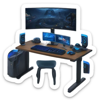 Gaming computer setup with blue RGB and a ultra wide curved 49inch monitor sticker