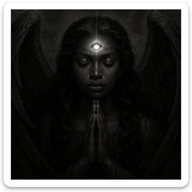 a majestic black angel, eyes closed in prayer, third eye on forehead pulsing with energy sticker