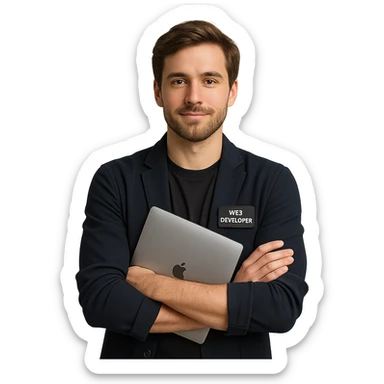 web developer, brown hair, folded arms, holding a MacBook, relaxed and professional, modern tech style sticker