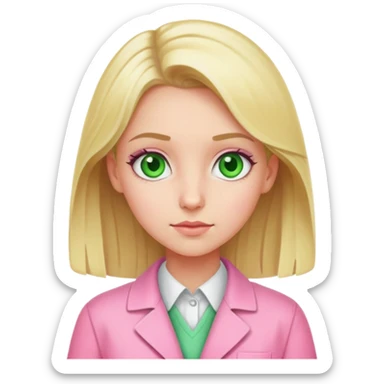 blonde girl with green-grey eyes, dressed in pink clothes, chemist sticker