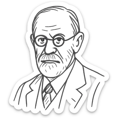 a hand drawn black outline portrait of Sigmund Freud with similar-sized eyes based a famous portrait of him sticker