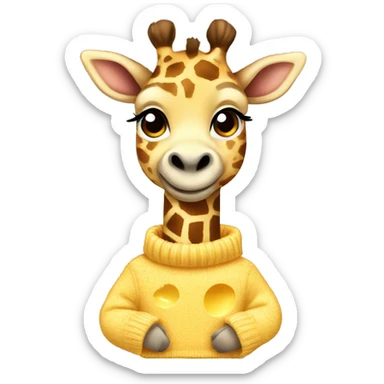 A baby giraffe in a sweater with cheese  sticker