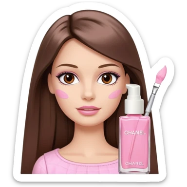 Barbie girl a brown long Straight hair and brown eyes is In pale pink smears by hand cosmetic cream Chanel on her face sticker