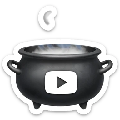 A black cauldron with lot of smoke rising, and the white YouTube play button logo floating above the smoke sticker