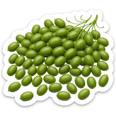 mung beans, cluster or scatter, whole, smooth oval, glossy, vibrant green, color variation, fresh, uncooked, firm, no sprouting, no bowl, no packaging, no faces, clean 3D, soft shadows, transparent background, emoji scale sticker