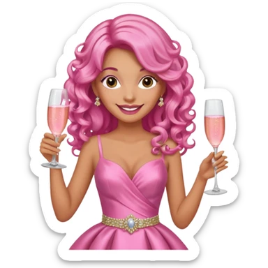 One lady with long pink curled hair and tan skin holding a glass of  pink champagne in each hand sticker