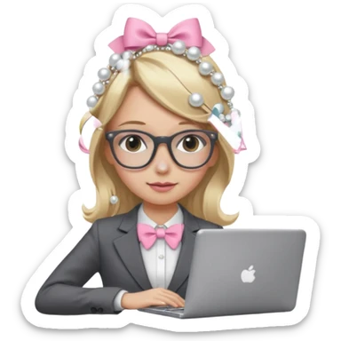 Please take the girl with laptop emoji and make her glassess light brown and her nose a bit smaller and pointier and she has blonde long hair and a dark grey suit and pearls, and has a laptop in fron of her and a tiny pink bow on the left side of her head sticker