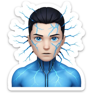 electric lab mutant portrait, head and shoulders only, glowing blue energy cracks on skin, wild hair, intense eyes, sci-fi lab accident vibe, 3D cartoon, mobile game icon style, clean background, no text, no watermark

 sticker