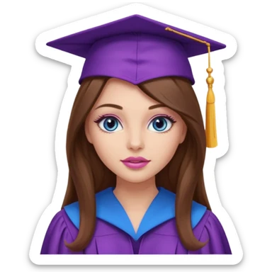 girl with gorgeous long brown hair, blue eyes, long lashes makeup, sexy pink lips, wearing a purple graduation cap and gown sticker