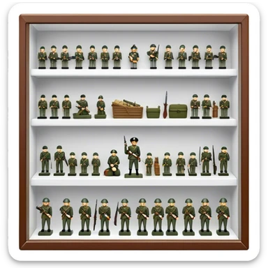 Icon for Miniature Collecting: a collection of finely detailed miniature items such as tiny army of soldiers, figurines and accessories, neatly displayed on a shelf or in a display case. The icon should convey the intricacy and charm of collecting miniature objects. Transparent background. sticker