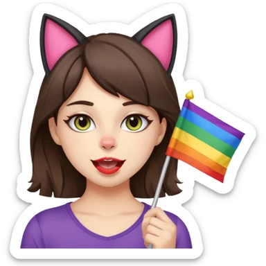 brunette girl with cat ears and doing cat pose with gay flag in mouth sticker