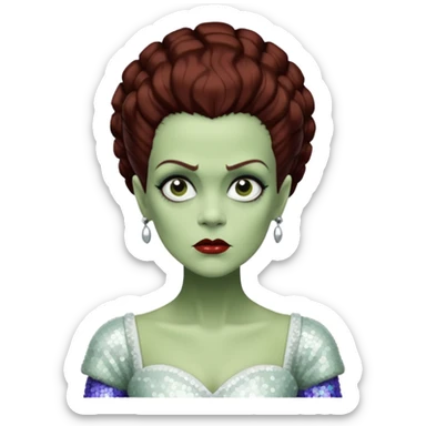 Bride of Frankenstein from Universal Monsters with pale greenish skin, dark auburn hair, white sequin outfit  sticker